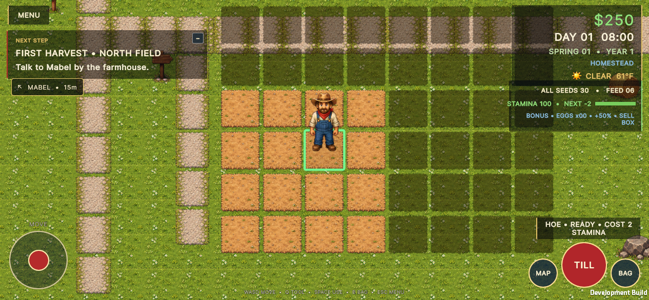 The player standing among field plots on the homestead