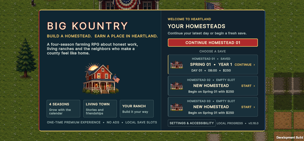 Big Kountry homestead selection screen
