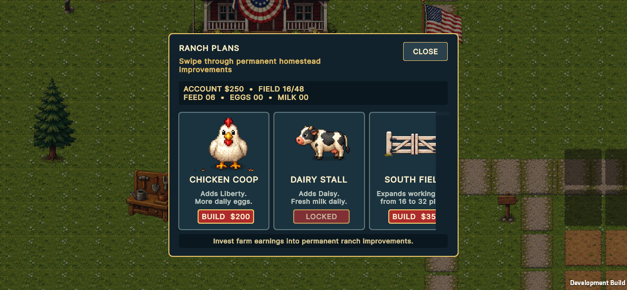 Ranch upgrades menu with land, tool, kitchen and fishing rod upgrades